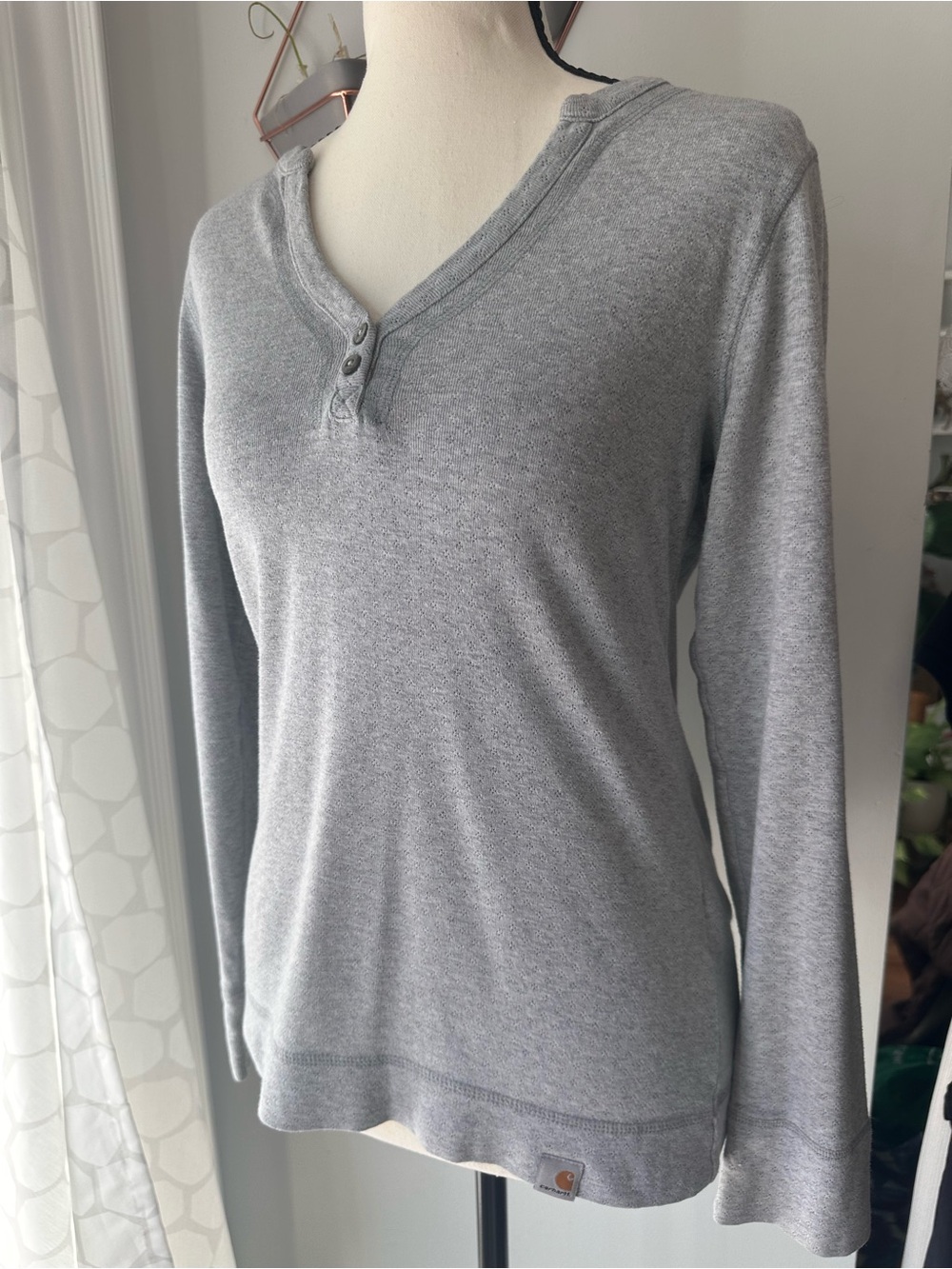 CARHARTT Women's Gray Grey Long-Sleeve Henley Top Shirt Cotton Knit Size Small